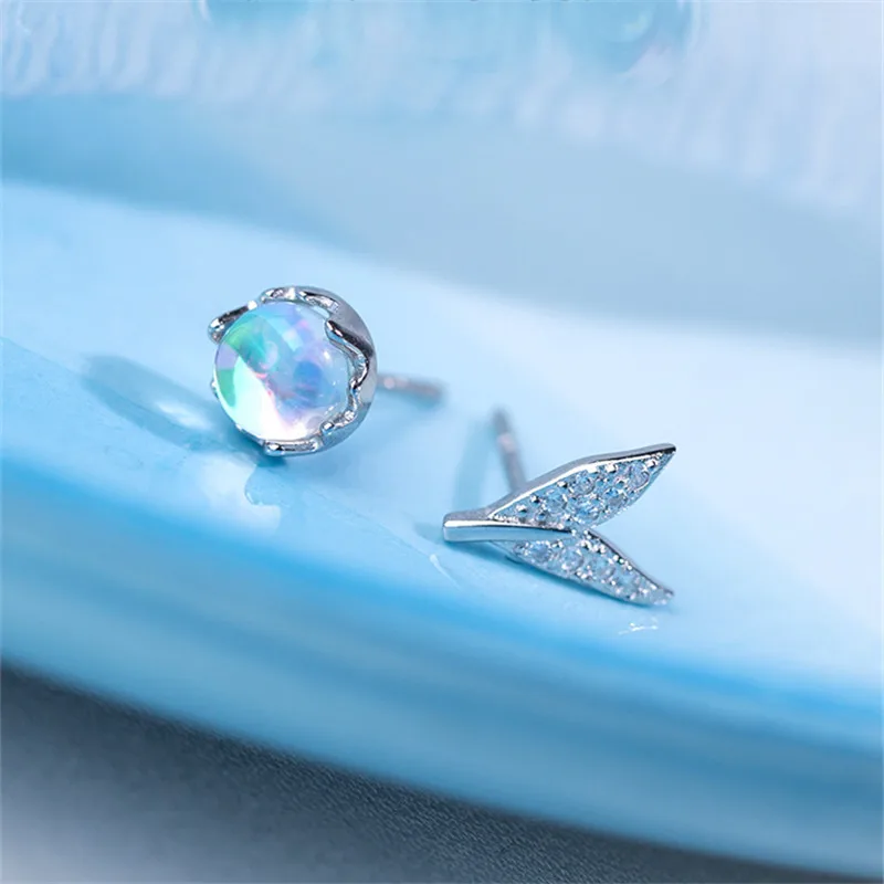 

925 Sterling Silver Asymmetric Mermaid Tail Stud Earrings For Women Wedding Brincos pendientes mujer moda 2019 EH1106