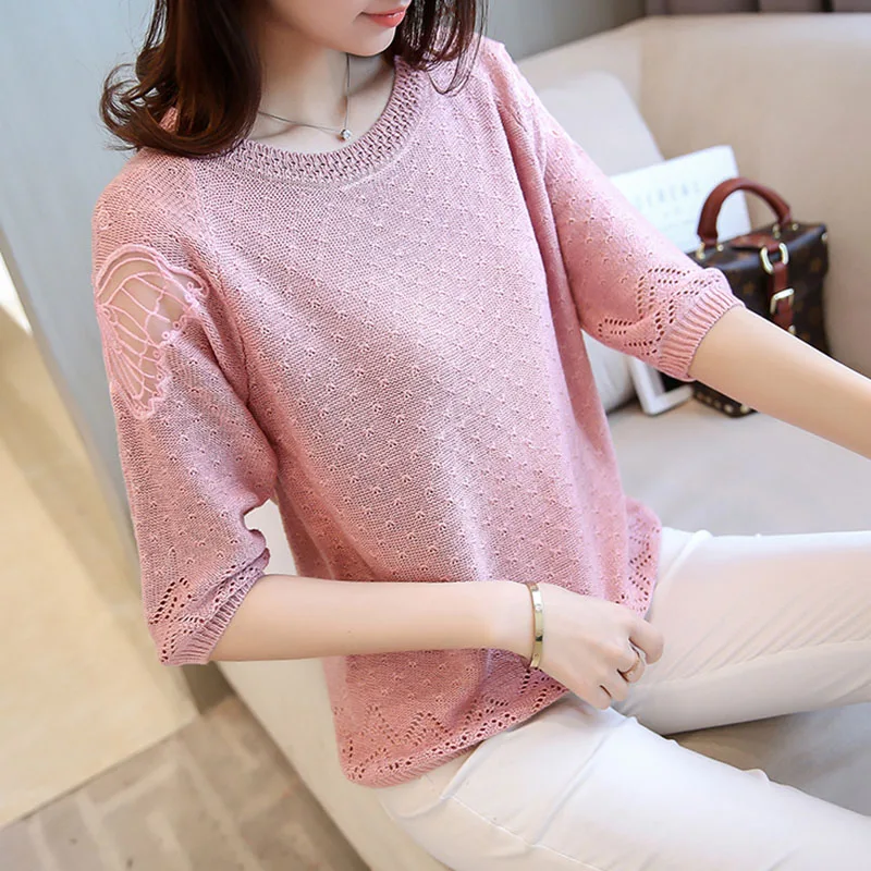 

HSPL Summer Half Sleeve Mesh Pullover Tops Women 2018 Fashion Cool Silk Knitwear Elegant Pink Vintage Crochet Pull Femme Hiver