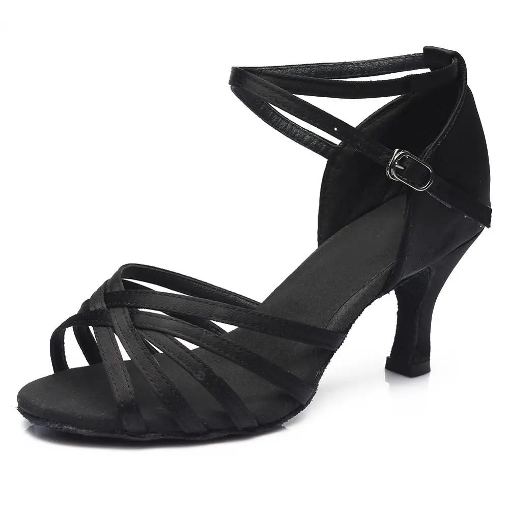 Лидер продаж; женская обувь для профессиональных танцев; Обувь для бальных танцев; женская обувь для латинских танцев на каблуке 5 см/7 см - Цвет: Black 7CM