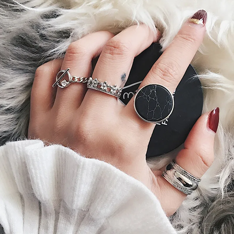 

GIVVLLRY Vintage Midi Rings Set Fashion Jewelry Creative Silver Color Geometric Marble Pattern Round Knuckle Rings for Women