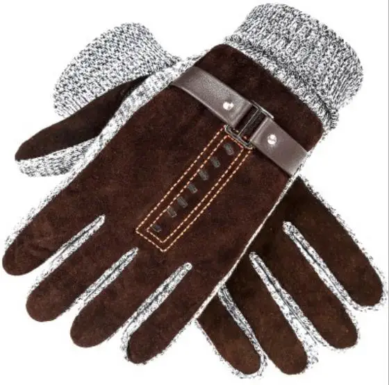 YHETERNAL, Новое поступление, мужские перчатки из натуральной свиной кожи, зимние перчатки, мужские морозостойкие теплые вязаные перчатки, лоскутные перчатки - Цвет: Coffee2