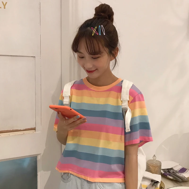 

2019 summer korean style rainbow stripe tops womens short sleeve t-shirts womens tee shirt femme (C6429)