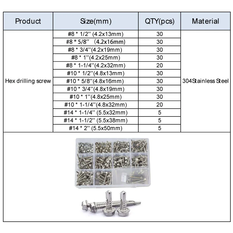 8#10#14 внешний шестигранник саморез Резьба шестигранные саморезы набор ассортимента болтов набор из нержавеющей стали