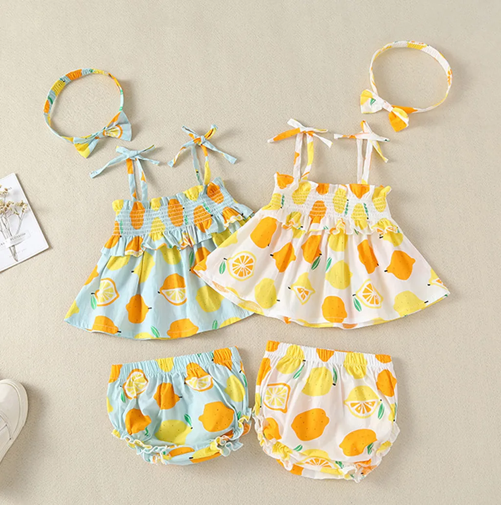 

Summer Fashion Lemon Kid Clothes Sets Toddler Newborn Infant Baby Girl Strap Print Tops Outfits Sets  