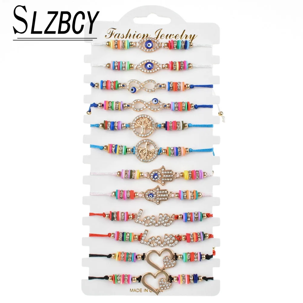 

Fashion 12 pcs/set Soft Clay Rhinestone Bracelets Set For Women kids Tree Of Life Hamsa Hand Heart Charm Bracelet Anklet Jewelry