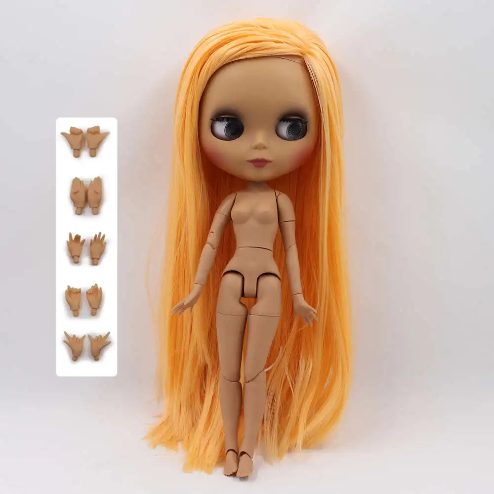 Кукла Blyth, 30 см, темная кожа, матовое лицо, оранжевый цвет, мягкие прямые волосы, 1/6 суставов, тело, ледяной SD, сделай сам, высокое качество, игрушки в подарок - Цвет: Черный