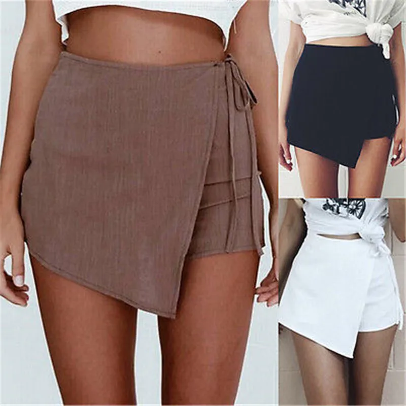 

2019 Women Mini Skirts Lace Up Bandage Knot Short Skirt Split Culottes Summer Hot Pants Casual High Waist Plus Size 3Colors