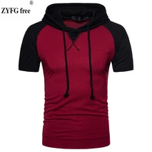 Casual Hooded t shirt Raglan sleeves Male fashion Tees 2018 O-neck short-sleeved patchwork color slim t-Shirt men EU size Tops snap fastener embellished color spliced v neck short sleeves t shirt for men
