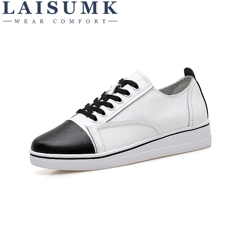 

LAISUMK 2019 Autumn Women Casual Flat Sneakers Shoes Leather Flats Female Lace Up White Sneakers Rubber Boat Shoes Oxford Shoes
