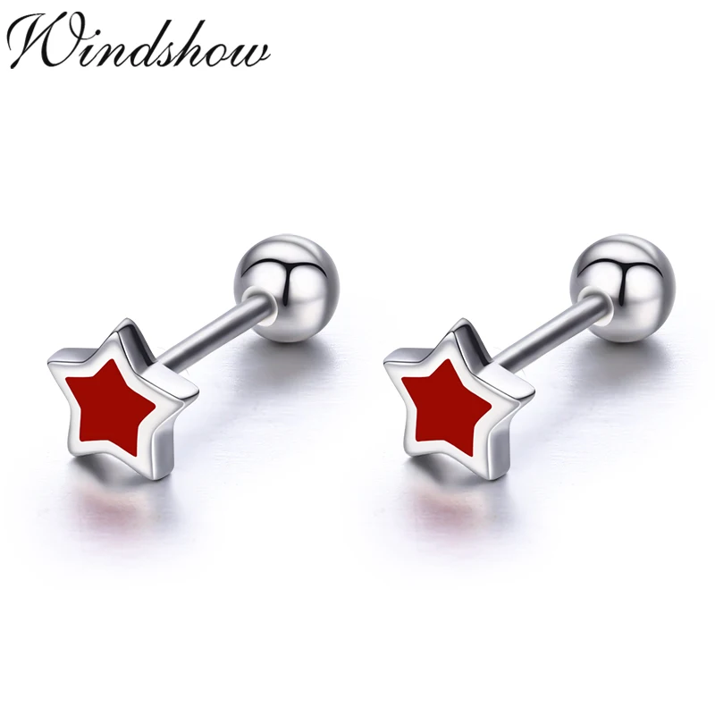 

Cute Small Red Five Point Star 925 Sterling Silver Screw Stud Earrings For Women Girl Children Kid Jewelry Orecchini Aros Aretes