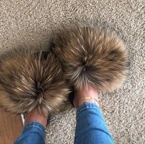 Real Raccoon Fur Slippers Women Sliders Casual Fox Hair Flat Fluffy Fashion Home Summer Big Size 45 Furry Flip Flops Shoes - Цвет: Khaki