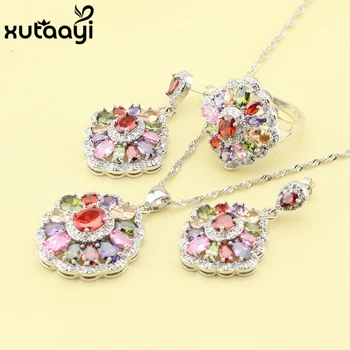 

High Quality Silver Women's Fashion Jewelry Set ,Multicolor Stones Distinctive Ring Earrings Necklace Ring Size 6/7/8/9/10