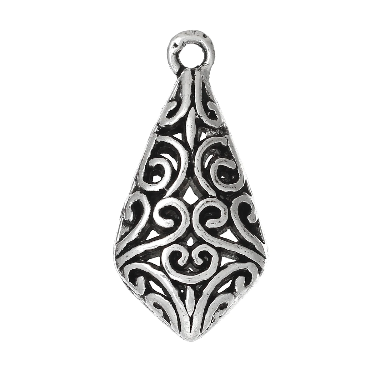 DoreenBeads Zinc metal alloy Charm Pendants Teardrop Silver Color Flower Hollow Pattern 33mm(1 2/8&quot)x 17mm(5/8&quot) 1 Pc | Украшения и