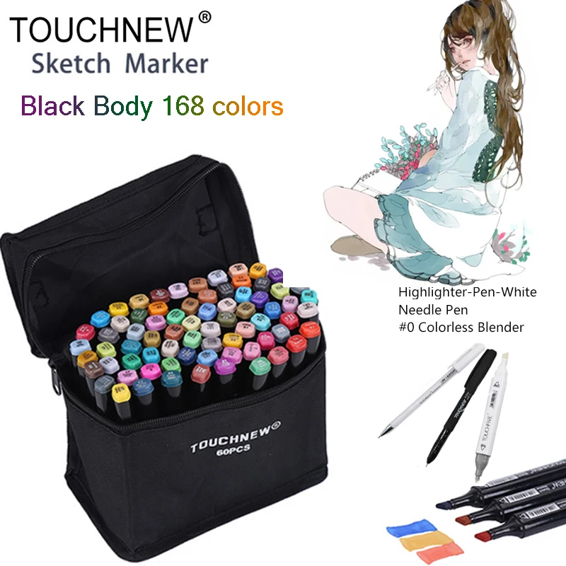 

TOUCHNEW Black 168 Colors Dual Head Art Marker Set Alcohol Sketch Markers Pen for Artist Drawing Manga Design Art Supplier