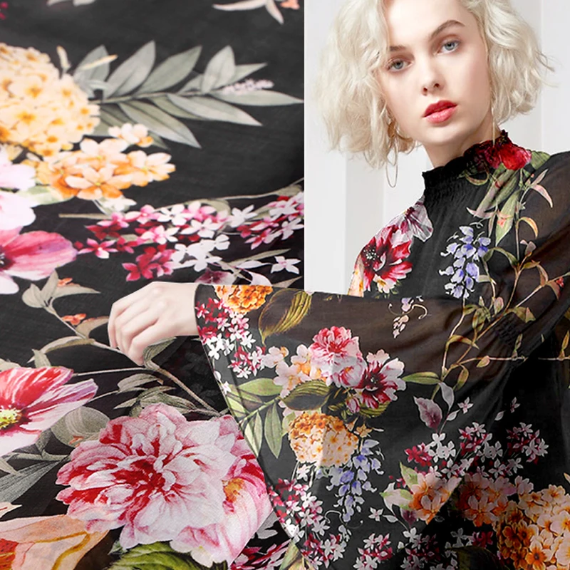 

135CM Wide 8MM Floral Print Thin Soft Silk Chiffon Fabric for Summer Long and Short Dress Shirt Scarf E740