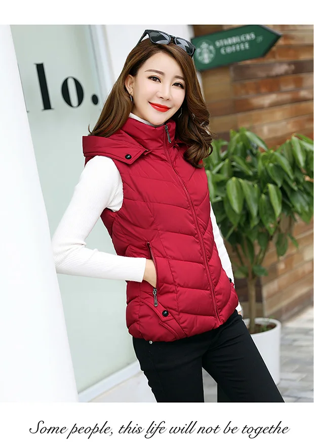 Корейский женский жилет осень зима толстый жилет съемный капюшон жилет с капюшоном размера плюс пальто без рукавов 4XL - Цвет: Красный
