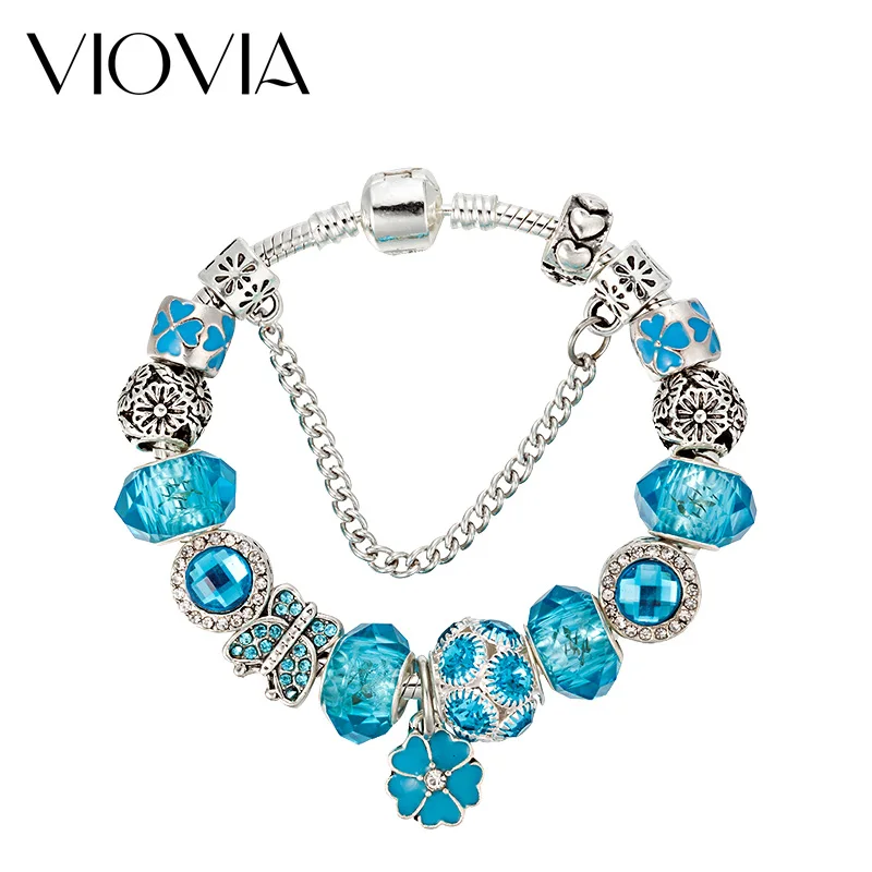 VIOVIA, винтажное ювелирное изделие, цветочный Шарм, браслеты для женщин, муранское стекло, бусины, подходят для Панов, браслеты, браслеты, подарки, B16070