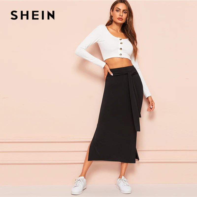 SHEIN Tie Waist Split Side Solid Skirt Black Full Length Knot Spring Autumn Shift High Waist Straight Sexy Skirt