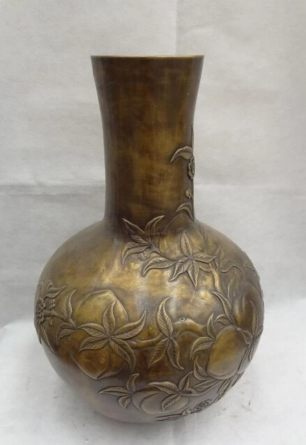 

006992 20" Decorate Chinese Bronze Buddhism Shou Tao Peach Branch Statue Jar Pot Vase