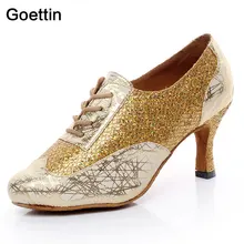 Goettin Tango/женская танцевальная обувь квадратного размера плюс для латинских танцев; женская обувь на подошве из коровьей кожи; женская обувь на каблуке-столбе; блестящие сандалии; 7061