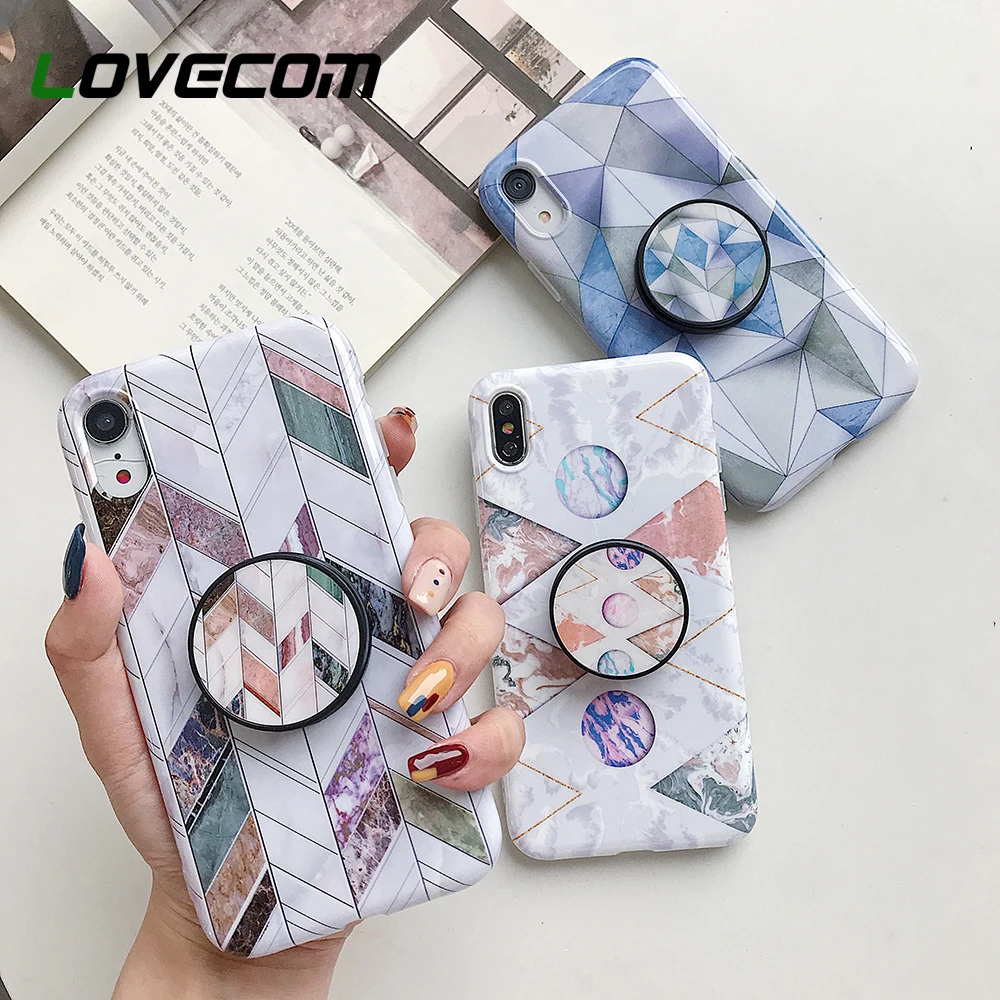 

LOVECOM For iPhone XR XS Max XS Case Geometric Marble Portable Foldable Holder Cover For iPhone 6S 7 8 Plus Soft Protector Coque