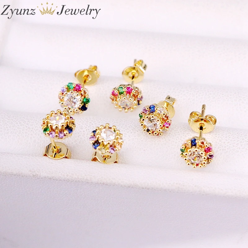 

10Pairs, Gold Filled Fashion Trendy Minimal Flower Stud Earring CZ Micro Pave Rainbow Zirconia Jewelry Earrings For Women Lady