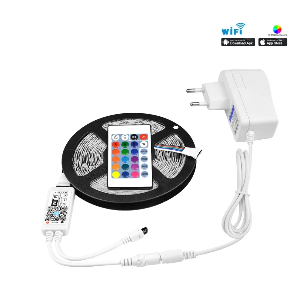 

5050 LED WIFI RGB LED Strip 5M Tape Light Waterproof 5M RGBW RGBWW 60LEDs/M Wireless Controlled by Smart Phone DC 12V Adapter