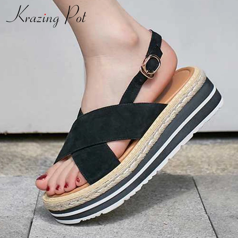 

Krazing pot sheep suede buckle straps wedges straw bottom streetwear concise design European sweety girl vacation sandals L82