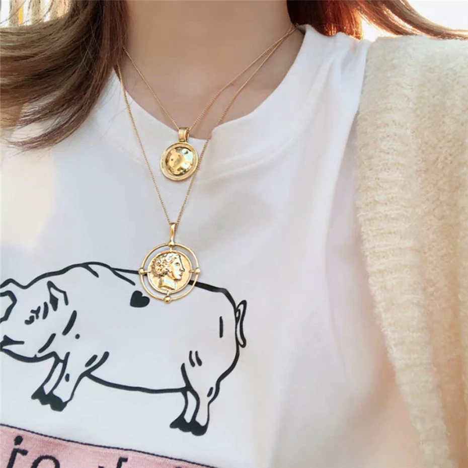 EVERLEAD Vintage Gold Color Carved Coin Necklace Figure Medal Long Chain Double Layered Necklace Pendant Personalized Women Choker (5)
