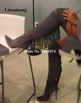 

Women Winter Over The Knee Boots Pointed Fringe Sexy Thin Heels Long Boots Pointed Toe And Zipper Fringe Super High Heels Boots
