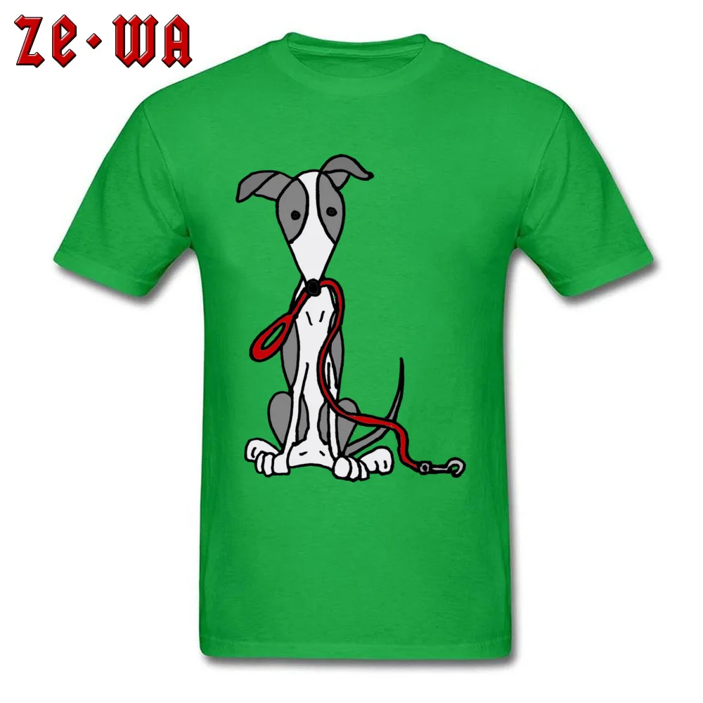 Europe T Shirt New Coming Short Sleeve Comics Cotton Fabric Crewneck Men Tops T Shirt Summer Clothing Shirt Summer Autumn Cool Funny Greyhound Dog with Red Leash green