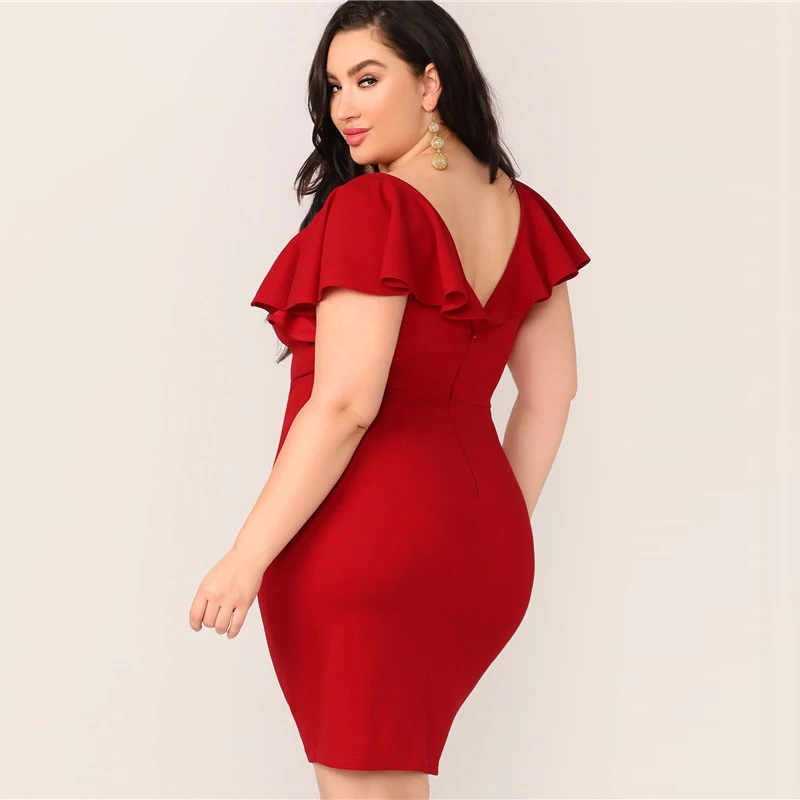 Шеин размера плюс, Красное Облегающее платье с молнией на спине и рюшами,, женское летнее элегантное облегающее платье-карандаш с рукавом-бабочкой и v-образным вырезом, плюс платье