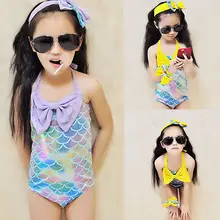 От 2 до 7 лет, на лето девушка купальный Купальники слитные multi Цвет бантом купальник+ ремень+ повязка на голову с принтом Купальный костюм наряды