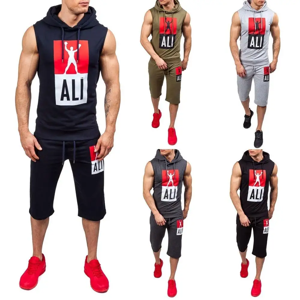 ZOGAA штаны для бега фитнес печатных безрукавка с капюшоном спортивные костюмы человек костюм бег тренажерный зал для мужчин комплект