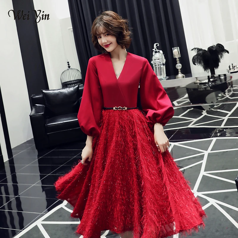 wei yin Robe De Soiree Lace Sexy V-neck Long Evening Dresses 2020 Bride Banquet Elegant Tea-length Party Prom Dress WY1695 | Свадьбы и