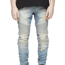 Мужские стильные рваные байкерские джинсы Узкие тонкие прямые потертые три-di мужские sional Cut складки Джинсовые брюки Модные узкие джинсы