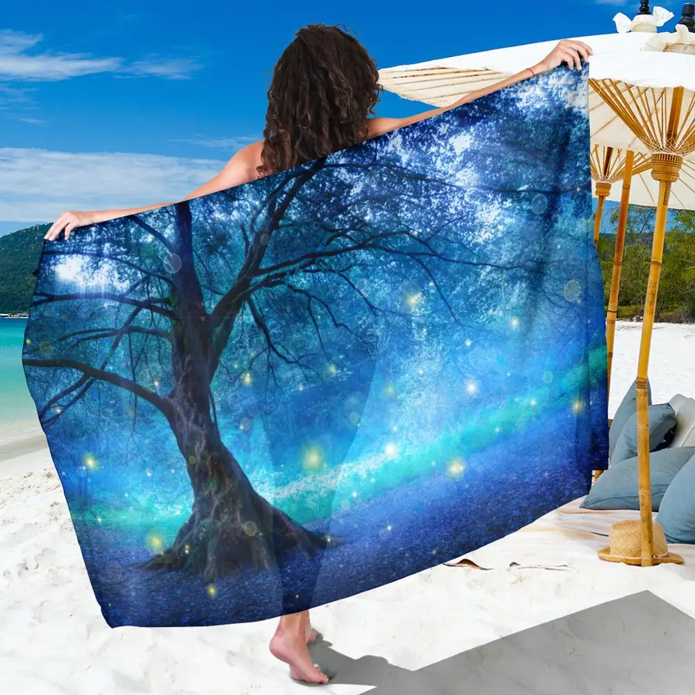 

Blue Trees Chiffon Fabric Large Beach Towel Tapestry Mat Swimwear Beach Sarong Bikini Cover-ups Galaxy Long Chiffon Scarf Shawl