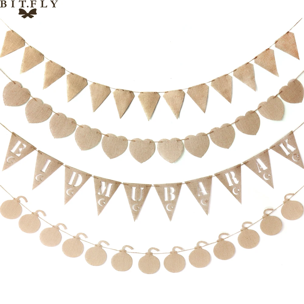 

13pcs/set Hessian Jute Linen Burlap Bunting Banner Pendant Stars Heart Mine Eid Mubarak Banner Garland For Birthday Party Decor