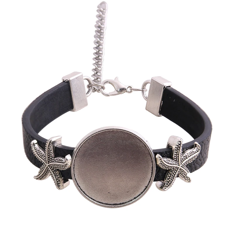 

1pcs 6 Color PU Bracelet Silver Starfish Base Setting Cuff Blank Trays Brazel Fit 25mm Glass Cameo Dome Cabochon DIY Jewelry