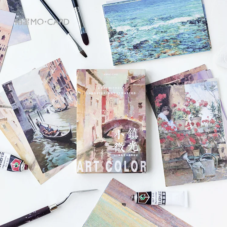 Office & School Supplies Symbol Of The Brand 30 Sheets/set Small Town Landscape Oil Painting Postcard /greeting Card/message Card/christmas And New Year Gifts Cards