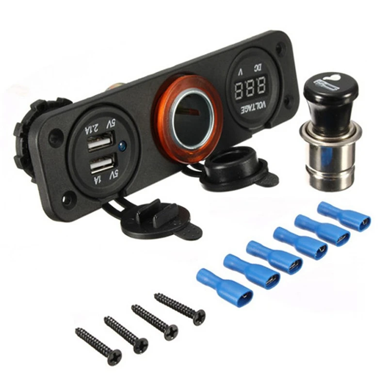 Waterproof Dual USB Charger + Auto Cigarette Lighter + LED Digital