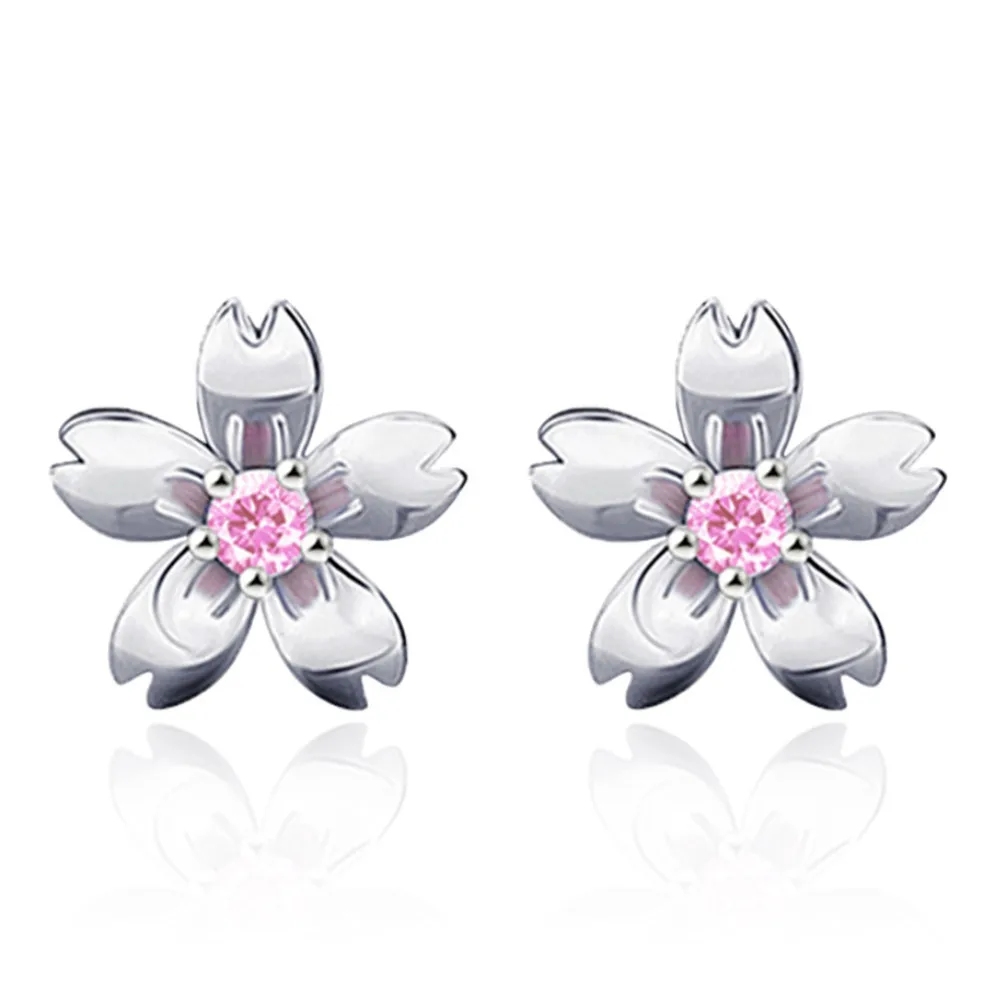 

ECODAY Pendientes Fashion Earrings Jewelry Pink Crystal Earrings White Gold Color Stud Earrings for Women Little Flower Brincos