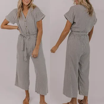 

ZANZEA 2019 Summer Women Jumpsuit Ladies Vintage Stripe Print Playsuit Overalls Casual Buttons Elastic Waist Wide Leg Rompers
