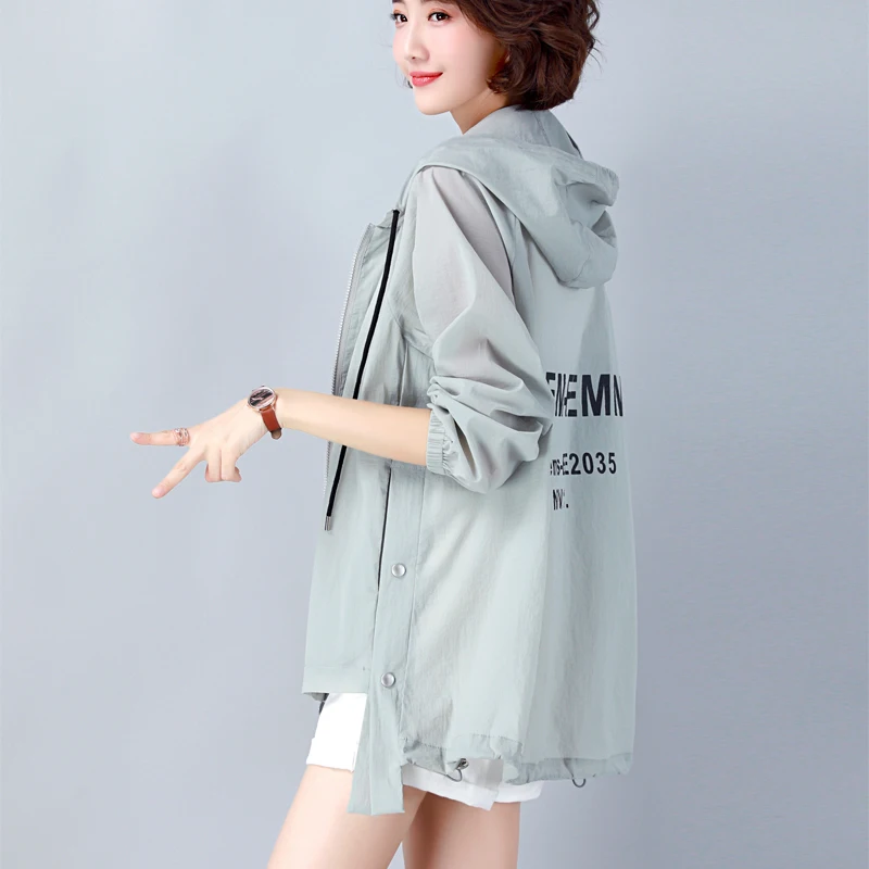

Spring Summer Sun Protection Clothing Women Thin Slim Trench Coats Female Casual Loose Hooded Windbreakers Middle-aged Clothing