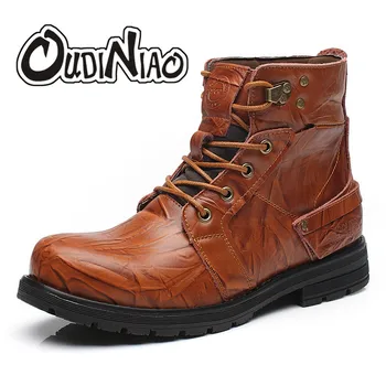 

OUDINIAO Split Leather British Fashion Classic Round Toe Ankle Men Boots Sewing Vintage Design Casual Solid Boots Men Black