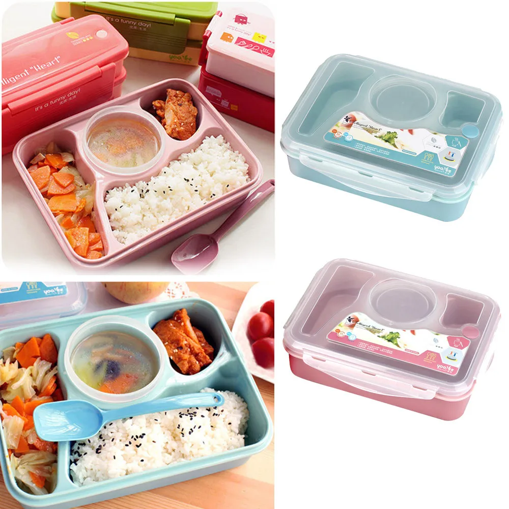 

Microwave Bento Lunch Box Spoon Utensils Picnic Food Container Storage Box Four-lattice soup bowl plastic lunch boxs A30315