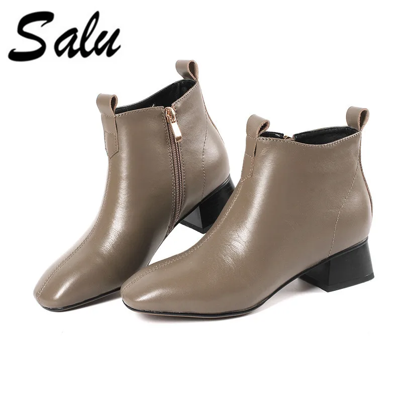 

Salu Women Genuine Leather Boots Ankle Boots Fashion Chelsea square Heels Ladies Booties Spring 2019 Ladies Shoes