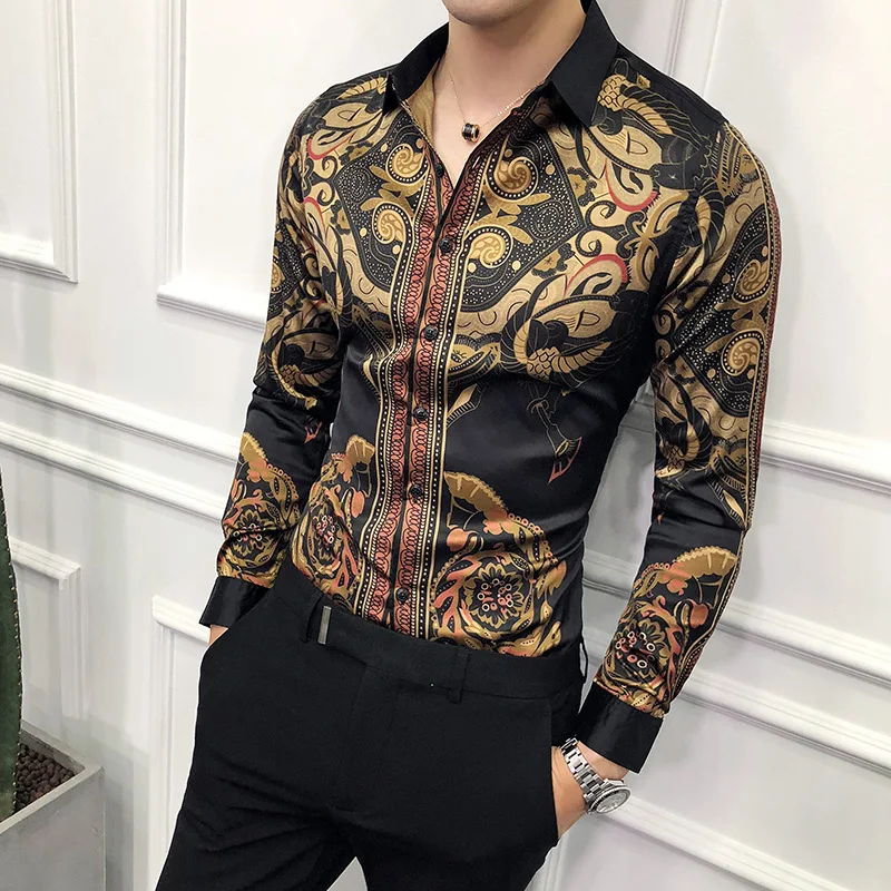 Роскошная мужская рубашка с принтом, модная Клубная одежда для мужчин, дизайнерская брендовая рубашка с цветочным принтом, тонкая рубашка с длинными рукавами, вечерние рубашки в стиле барокко