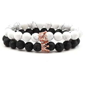 

Mibrow Natural Stone Crown Beads Bracelet For Women Men Rose Gold Silver Color Stretch Bead Distance Bracelets Couple Jewelry