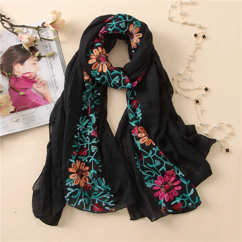 2018 Plain Embroidered Floral Viscose Scarf Shawl From Indian Bandana Print Cotton Scarves and Wraps Foulards Sjaal Muslim Hijab